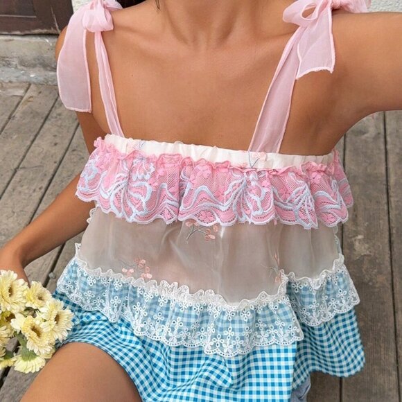 Boho Women's Vacation Plaid multi print Lace Splicing Camisole top - Picture 3 of 7